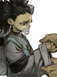  1boy 5454_sao adjusting_another's_clothes backpack bag baggy_clothes black_hair blue_overalls dear_santa freckles furrowed_brow gachiakuta grey_bag grey_hair grey_jacket hashtag-only_commentary highres jacket jewelry male_focus neck_ring overalls pacifier ponytail sleeves_past_fingers sleeves_past_wrists sleeves_rolled_up thick_eyebrows upper_body 