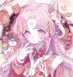  1girl 2mubudaye blush braid chinese_clothes chinese_new_year cone_hair_bun facial_mark flower forehead_mark fur_trim hair_bun hair_ornament lantern long_hair long_sleeves looking_at_viewer open_mouth original parted_bangs pink_eyes pink_hair solo tassel twin_braids upper_body 