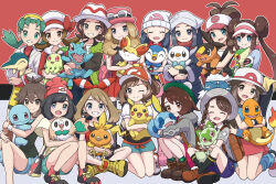  6+girls akari_(pokemon) aqua_shorts backpack bag baseball_cap beanie bike_shorts black_hair black_pantyhose black_sash black_shirt black_thighhighs black_vest blonde_hair blue_eyes blue_hair blue_overalls blue_shirt blush boots bow bow_hairband braid breasts brown_eyes brown_hair bucket_hat cardigan charmander chikorita closed_eyes closed_mouth collarbone collared_shirt commentary_request cutoffs cyndaquil denim denim_shorts donut_hair_bun double_bun dress elaine_(pokemon) exposed_pocket eyewear_on_headwear fennekin fire flame-tipped_tail floral_print galaxy_expedition_team_survey_corps_uniform gloria_(pokemon) green_(pokemon) green_hat green_jacket green_shorts grey_cardigan grey_eyes hair_bun hair_ornament hairband hairclip harmony_(pokemon) hat hat_bow headscarf high_ponytail highres hikari_(pokemon) hilda_(pokemon) holding holding_pokemon hood jacket juliana_(pokemon) kneeling kris_(pokemon) leaf_(pokemon) long_hair long_sleeves looking_at_viewer loose_socks lyra_(pokemon) may_(pokemon) mega_ring multiple_girls necktie one_eye_closed open_clothes open_jacket open_mouth open_vest oshawott overalls pants pantyhose pantyhose_under_shorts pikachu pink_boots pink_dress pink_hat piplup poke_ball_print pokemon pokemon_(creature) pokemon_bw pokemon_bw2 pokemon_dppt pokemon_frlg pokemon_gsc pokemon_hgss pokemon_legends:_arceus pokemon_legends:_z-a pokemon_lgpe pokemon_oras pokemon_sv pokemon_swsh pokemon_xy poketch ponytail porkpie_hat purple_shorts raglan_sleeves red_eyes red_hat red_scarf red_shirt red_skirt ribbon rosa_(pokemon) rowlet sash scarf school_uniform selene_(pokemon) serena_(pokemon) shirt shoes short_hair short_sleeves shorts sidelocks sitting skirt sleeveless sleeveless_shirt smile snivy sobble socks sprigatito squirtle striped_hat sunglasses t-shirt tail tam_o'_shanter teeth tepig thigh-highs tied_shirt torchic totodile twintails uva_academy_school_uniform vest visor_cap watch watch white-framed_eyewear white_hat white_headscarf white_shirt wristband yellow_hat yellow_shirt yellow_shorts yuu_(jgvj7873) 
