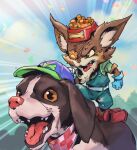  1boy animal belt blue_gloves body_fur bowl brown_eyes brown_fur cats_vs_dogs_kled clenched_hand clouds dog eyepatch food gloves green_pants kled league_of_legends official_alternate_costume open_mouth outdoors pants phantom_ix_row plaid plaid_scarf pointy_ears red_scarf scarf skaarl teeth tongue white_belt yordle 
