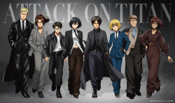 3girls 5boys abs armin_arlert belt black_boots black_shoes boots coat commentary dress_shoes english_commentary eren_yeager erwin_smith full_body glasses hange_zoe highres jacket jean_kirchstein levi_(shingeki_no_kyojin) looking_at_viewer mikasa_ackerman multiple_boys multiple_girls necktie pants sasha_braus shingeki_no_kyojin shoes simple_background suit wit_studio