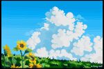  artist_name atinynut blue_sky clouds flower grass highres no_humans outdoors pixel_art sky studio_ghibli sunflower 