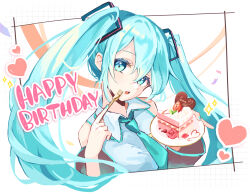  1girl :o aqua_nails aqua_necktie aqua_trim bare_shoulders black_sleeves blue_eyes blue_hair border breasts cake cake_slice candy chocolate collared_shirt colored_eyelashes commentary_request confetti detached_sleeves double-parted_bangs expressionless flower food fork frilled_shirt frilled_shirt_collar frills from_above fruit grid_border hair_between_eyes hair_ornament hatsune_miku heart heart-shaped_chocolate heart-shaped_food highres holding holding_fork holding_plate long_hair long_sleeves looking_at_viewer nail_polish necktie open_mouth outline outside_border petals plate red_flower red_petals red_rose rose rose_petals shireru_illust shirt simple_background sleeveless sleeveless_shirt small_breasts solo sparkle strawberry strawberry_cake tareme teeth tongue twintails upper_body upper_teeth_only very_long_hair vocaloid whipped_cream white_background white_border white_outline white_shirt 