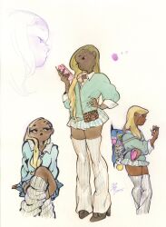  1girl animal_print aqua_sweater bag black_eyes black_shoes blonde_hair cellphone charm_(object) crossed_legs dark-skinned_female dark_skin earrings fake_nails fingernails full_body gyaru handbag high_heels highres holding holding_phone jewelry kogal leg_warmers leopard_print long_fingernails long_hair miniskirt multiple_views original painting_(medium) peach_momoko phone plaid_clothes plaid_skirt pleated_skirt profile shirt shoes signature sitting sketch skirt solo stud_earrings stuffed_animal stuffed_toy sweater traditional_media watercolor_(medium) white_leg_warmers white_nails white_shirt zettai_ryouiki 