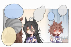  3girls agnes_tachyon_(umamusume) ahoge animal_ears beanie beer_hsk black_hair blank_speech_bubble bow brown_eyes brown_hair commentary_request ears_through_headwear grey_hat hair_between_eyes hand_up hat holding horse_ears indoors lab_coat long_hair long_sleeves manhattan_cafe_(umamusume) multicolored_hair multiple_girls nakayama_festa_(umamusume) open_clothes parted_lips puffy_long_sleeves puffy_sleeves purple_shirt red_eyes school_uniform shirt speech_bubble striped_clothes striped_headwear tracen_school_uniform two-tone_hair umamusume vertical-striped_clothes vertical-striped_headwear vial white_bow white_hair 