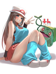  1girl absurdres anniversary blue_shirt blue_socks breasts brown_hair bulbasaur grin hat highres knees_up leaf_(pokemon) long_hair looking_at_viewer loose_socks medium_breasts miniskirt momdy_(talesshinja) pokemon pokemon_(creature) pokemon_frlg red_skirt shadow shirt shoes simple_background sitting skirt sleeveless sleeveless_shirt smile socks white_background white_hat 