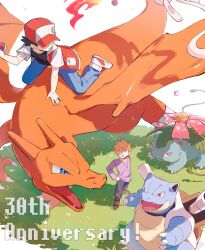  2boys anniversary baseball_cap black_hair black_pants black_shirt blastoise blue_eyes blue_oak blue_pants brown_eyes brown_hair cannon charizard claws commentary_request fangs fire flame-tipped_tail flying hat highres holding jacket mew_(pokemon) multiple_boys open_mouth pants plant poke_ball poke_ball_(basic) pokemon pokemon_(creature) pokemon_day pokemon_rgby pom_107 purple_shirt red_(pokemon) red_eyes red_hat riding riding_pokemon shirt shoes short_hair short_sleeves spiky_hair starter_pokemon_trio tail venusaur vines wings 