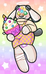  1girl :3 animal_ears animal_feet animal_hands animal_nose bandaged_leg bandages bandaid bandaid_on_face bandaid_on_leg bandaid_on_nose blush candle checkered_background checkered_overalls commentary cupcake dog_ears dog_girl dog_tail english_commentary food full_body furry furry_female gradient_background green_eyes halo heterochromia highres holding holding_food humanoid_robot idog idog_(brand) led looking_at_viewer neopet_(creature) neopets orange_overalls original overalls oversized_food oversized_object pankekie poogle purple_overalls rainbow_background rainbow_gradient robot sega solo sparkle sprinkles standing standing_on_one_leg star_(symbol) sweater tail thick_lineart toy_neopet traditional_halo turtleneck turtleneck_sweater two-tone_overalls white_sweater 