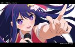  1girl :d blush collar copyright_name dress floating_hair foreshortening hair_between_eyes hair_ornament holding holding_microphone hoshino_ai_(oshi_no_ko) idol letterboxed long_hair microphone open_mouth oshi_no_ko outstretched_arm pink_dress pointing purple_hair smile solo star-shaped_pupils star_(symbol) star_in_eye symbol-shaped_pupils symbol_in_eye teino_(urkbil126) violet_eyes white_collar 