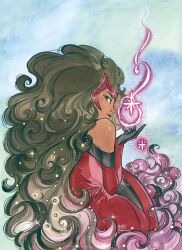  1girl big_hair black_gloves black_leggings black_lips black_trim blue_background boots brown_hair commentary_request curly_hair dark-skinned_female dark_skin dress gloves gradient_hair green_eyes highres leggings long_hair looking_at_viewer looking_back magic marvel multicolored_hair off-shoulder_dress off_shoulder painting_(medium) peach_momoko pink_hair red_boots red_dress red_tiara scarlet_witch solo sparkle thigh_boots traditional_media wanda_maximoff watercolor_(medium) 