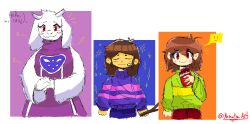  1girl 2023 2d 2others ambiguous_gender animal_ears anthro artist_name bandaid bandaid_on_face barefoot blue_background blue_pants blush_stickers body_fur border brown_hair brown_pants chara_(undertale) chocolate chocolate_bar commentary cropped_torso delta_rune_(symbol) delta_rune_print digital_media double_horizontal_stripe droopy_ears english_commentary english_text fangs female floppy_ears food frisk_(undertale) furry furry_female goat goat_ears goat_girl goat_horns green_sweater holding holding_food holding_stick horizontal-striped_clothes horns human long_sleeves mammal microsoft_paint_(medium) monster monster_girl multicolored_background multiple_others nemotraart notice_lines oekaki orange_background own_hands_together pants pink_stripes purple_background purple_sweater red_eyes robe short_hair signature simple_background single_horizontal_stripe smile sparkle spoken_smile stick straight-on striped_clothes striped_sweater sweater text toriel trio two-tone_sweater undertale utdr_(toby_fox) white_background white_border white_fur white_horns white_sleeves yellow_stripes 