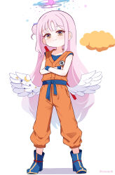  1girl aged_down alternate_breast_size_(smaller) artist_name blue_boots blue_sash blue_shirt boots cosplay dragon_ball flat_chest full_body hair_bun halo highres long_hair looking_at_viewer mika_(blue_archive) multicolored_halo orange_pants orange_shirt pants pink_hair sash shirt simple_background single_side_bun sleeveless sleeveless_shirt solo son_goku son_goku_(cosplay) sseopik very_long_hair white_background wings yellow_eyes 