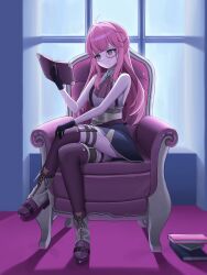 1girl absurdres aivy_lovencraft book boots crossed_legs fanart highres indie_virtual_youtuber monocle nagamma pink_hair reading sitting smile thigh-highs virtual_youtuber vtuber vtuberfanart