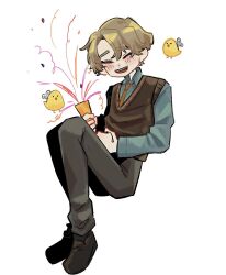  1boy a_ml0525 aqua_shirt aqua_sleeves baby_animal bird blonde_hair blush brown_shoes brown_sweater_vest chick closed_eyes collared_shirt commentary english_commentary facing_viewer full_body grey_pants hair_intakes happy highres holding holding_party_popper limbus_company long_sleeves male_focus official_alternate_costume open_mouth pants parted_bangs party_popper project_moon shirt shoes sinclair_(project_moon) solo sweater_vest teeth toy undershirt upper_teeth_only white_background wing_collar 