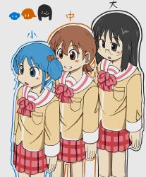 3girls absurdres agodashi_onabe aioi_yuuko black_eyes black_hair blue_eyes blue_hair bow bowtie brown_eyes brown_hair commentary cube_hair_ornament glasses hair_ornament height_difference highres long_hair minakami_mai multiple_girls naganohara_mio nichijou outline red_bow red_bowtie red_skirt school_uniform skirt tokisadame_school_uniform translated twintails 