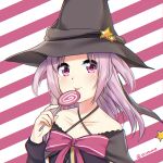  1girl arusuko bare_shoulders black_cape black_headwear black_shirt blush candy cape criss-cross_halter food halterneck hat hat_ornament highres holding holding_candy holding_food holding_lollipop lollipop looking_at_viewer magia_record:_mahou_shoujo_madoka_magica_gaiden magical_girl mahou_shoujo_madoka_magica misono_karin parted_bangs pink_ribbon purple_hair ribbon shirt solo star_(symbol) star_hat_ornament striped striped_background tongue tongue_out two_side_up upper_body violet_eyes witch_hat 