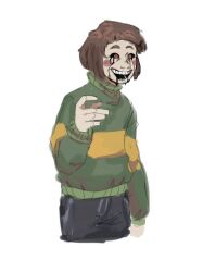  1other 2024 2d ambiguous_gender arm_at_side black_pants black_sclera brown_hair chara_(undertale) colored_sclera cropped_legs digital_media green_sweater hand_up horizontal-striped_clothes human long_sleeves looking_ahead open_mouth other_focus pants red_eyes short_hair simple_background single_horizontal_stripe solo striped_clothes striped_sweater sweater teeth two-tone_sweater undertale utdr_(toby_fox) white_background yellow_stripes zackoclown 