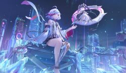  1girl absurdres ahoge ankle_cuffs building chinese_commentary city commentary_request crystal_of_atlan detached_sleeves doll glaciette_(crystal_of_atlan) highres ice looking_at_object multicolored_hair night outdoors prosthesis prosthetic_leg red_eyes sitting solo streaked_hair touwenzijiu white_hair white_sleeves 
