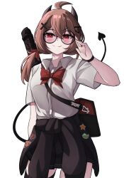  1girl absurdres ahoge arm_up bag black_cardigan black_horns black_skirt black_tail black_thighhighs blush bow bowtie breasts broken_heart broken_heart_hair_ornament brown_hair cardigan cardigan_around_waist closed_mouth clothes_around_waist collared_shirt commentary cowboy_shot demon_tail dress_shirt duffel_bag english_commentary evil_neuro-sama hair_ornament heart highres horns long_hair looking_at_viewer medium_breasts miniskirt red_bow red_bowtie red_eyes round_eyewear ruciel shirt short_sleeves short_twintails single_thighhigh skirt solo tail thigh-highs twintails vedal_ai virtual_youtuber white_shirt x_hair_ornament 