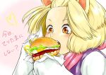  1girl alpha_tama animal_ears ash_blossom_&amp;_joyous_spring blonde_hair brown_eyes burger dog_ears dog_girl duel_monster eating egg food heart lettuce meat napkin pink_background short_hair sleeves_past_fingers sleeves_past_wrists solo translation_request yu-gi-oh! 