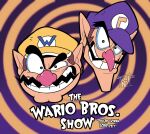 2boys big_nose clenched_teeth datoonie english_commentary english_text facial_hair hat looking_at_viewer male_focus multiple_boys mustache pointy_ears raised_eyebrows spiral_background super_mario_bros. teeth waluigi wario 