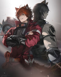  2boys animal_ears arknights arm_strap back-to-back bare_shoulders black_bodysuit black_gloves black_hair black_pants black_shirt bodysuit broca_(arknights) chiave_(arknights) collar crossed_arms facial_mark fox_boy fox_ears fox_tail gloves goggles goggles_around_neck grin hair_between_eyes highres jacket looking_at_viewer male_focus multiple_boys muscular muscular_arms muscular_male pants red_eyes red_hair red_jacket shirt short_hair sleeveless sleeveless_bodysuit sleeveless_shirt smile tail tattoo tiger_boy tiger_ears yellow_eyes zerg_(z79438659) 