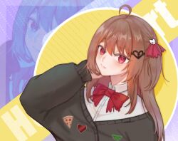  1girl absurdres ahoge badge black_cardigan bow bowtie broken_heart broken_heart_hair_ornament brown_hair button_badge cardigan closed_mouth collared_shirt commentary_request dress_shirt evil_neuro-sama from_side hair_between_eyes hair_ornament heart highres long_hair long_sleeves looking_at_viewer mizimiziyo off-shoulder_cardigan red_bow red_bowtie red_eyes red_ribbon ribbon shirt skull_hair_ornament torn_hair_ribbon two_side_up upper_body vedal_ai virtual_youtuber white_shirt zoom_layer 