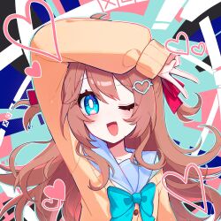  1girl absurdres ahoge aqua_bow aqua_bowtie arm_up blue_eyes blue_sailor_collar bow bowtie cardigan chinese_commentary commentary_request hair_ornament hair_ribbon heart heart_hair_ornament highres lingyou long_hair long_sleeves neuro-sama one_eye_closed open_mouth red_ribbon redrawn ribbon sailor_collar sleeves_past_wrists solo two_side_up upper_body v vedal_ai virtual_youtuber yellow_cardigan 