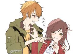  1boy 1girl :d ;d bow brown_eyes brown_hair cheek_poking commentary_request green_eyes green_jacket hair_bow highres jacket jewelry key luke_pearce_(tears_of_themis) mtkignsn necklace one_eye_closed open_mouth poking red_jacket rosa_(tears_of_themis) shirt short_hair simple_background smile tears_of_themis upper_body white_background white_bow white_shirt yellow_shirt 