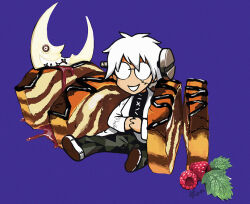  1boy black_pants cake chibi chibi_only coat crescent_moon deformed food food_focus franken_stein_(soul_eater) fruit glasses grin lab_coat leaf long_sleeves mini_person miniboy moon object_through_head pants pngheavy raspberry round_eyewear screw_in_head short_hair simple_background sitting smile soul_eater stitched_chest stitched_face stitches white_coat 