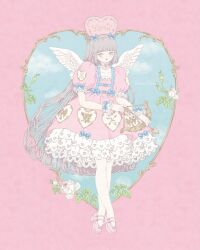  1girl angel_wings belt blue_belt blue_bow blunt_bangs bow bow_(weapon) choker collarbone commentary cupid dress frilled_choker frilled_wrist_cuffs frills full_body grey_hair half-closed_eyes harness head_bow head_tilt heart heart_headband highres hime_cut holding holding_bow_(weapon) holding_weapon kira_imai lolita_fashion lolita_print long_hair original pantyhose petticoat pink_background pink_choker pink_dress pink_shoes puffy_short_sleeves puffy_sleeves shoes short_sleeves sidelocks simple_background solo standing sweet_lolita very_long_hair weapon white_pantyhose white_wings white_wrist_cuffs wings wrist_cuffs 