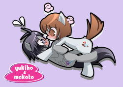  2girls @_@ animalization antenna_hair black_hair blunt_ends brown_eyes brown_hair character_name chinpui_(chinpui02) commentary_request cutie_mark eye_contact face-to-face feathered_wings from_side grey_eyes grey_fur hagiwara_yukiho idolmaster idolmaster_(classic) kikuchi_makoto looking_at_another multiple_girls my_little_pony my_little_pony:_friendship_is_magic parody pegasus pony_(animal) purple_background short_hair simple_background wings yuri 