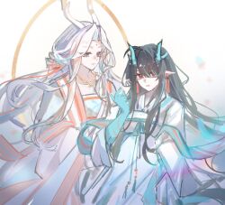  2girls a_deer_of_nine_colors alternate_costume antlers arknights black_hair chinese_commentary colored_extremities commentary_request deer_antlers deer_girl dragon_girl dragon_horns dusk_(arknights) earrings green_hands green_horns highres horns jewelry long_hair multicolored_hair multiple_girls necklace nine-colored_deer pointy_ears red_eyes shang_ge_promax streaked_hair tassel tassel_earrings 