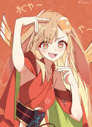  1girl absurdres animal_ears arm_up armpit_crease armpits arrow_(projectile) blonde_hair blush cho_kaguya-hime! commentary crescent crescent_hair_ornament hair_ornament highres japanese_clothes kaguya_(cho_kaguya-hime!) kimono long_hair looking_at_viewer lop_rabbit_ears open_mouth orange_eyes orange_hair rabbit_ears red_eyes red_nails sash smile solo traum 