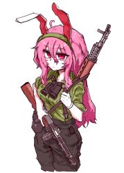  1girl alternate_costume animal_ears binoculars black_pants breasts closed_mouth collared_shirt gloves green_hairband green_shirt gun hairband highres holding holding_gun holding_weapon medium_breasts pants pink_eyes ppsh-41 rabbit_ears rabbit_girl rampa93 reisen_udongein_inaba rifle shirt simple_background solo submachine_gun svt-40 touhou weapon white_background white_gloves 