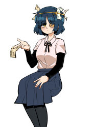  1girl banknote between_fingers black_pantyhose black_ribbon blue_hair blue_skirt blush bocchi_the_rock! brown_eyes closed_mouth collared_shirt commentary_request dinoyhs dress_shirt hair_ornament hairclip highres holding holding_money korean_commentary layered_sleeves long_sleeves money neck_ribbon pantyhose pleated_skirt ribbon shirt short_hair short_over_long_sleeves short_sleeves simple_background sitting skirt solo white_background white_shirt yamada_ryo 