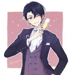  1boy ;d alcohol border champagne champagne_flute commentary_request cup drinking_glass earrings formal_clothes highres jacket jewelry long_sleeves looking_at_viewer male_focus marius_von_hagen_(tears_of_themis) mtkignsn one_eye_closed pink_background purple_hair purple_jacket purple_vest ring shirt short_hair single_earring smile solo tears_of_themis upper_body vest violet_eyes white_border white_shirt 