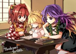  1boy 2girls animal_ears apron beads bell blonde_hair book calligraphy_brush checkered_clothes checkered_kimono closed_mouth commentary_request commission cross-laced_clothes dress forbidden_scrollery fox_boy fox_ears gradient_hair hair_bell hair_ornament highres hijiri_byakuren holding holding_calligraphy_brush holding_paintbrush indoors japanese_clothes jingle_bell kimono koxapfi4jyljb0d layered_dress long_hair long_sleeves medium_hair motoori_kosuzu multicolored_hair multiple_girls open_mouth paintbrush pointing prayer_beads puffy_short_sleeves puffy_sleeves purple_hair red_eyes red_hair short_sleeves sitting skeb_commission smile table tatami thank_you touhou two_side_up very_long_hair violet_eyes white_dress white_kimono wide_sleeves writing yellow_apron youkai_fox_(forbidden_scrollery) 