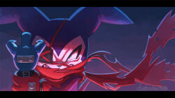  asymmetrical_gloves blue_gloves chuunibyou clenched_teeth colored_eyepatch commentary digimon digimon_(creature) duskvortex english_commentary eyepatch facial_mark gloves green_eyes holding_own_wrist impmon_x-antibody no_humans purple_fur red_gloves red_scarf scarf sharp_teeth signature solo teeth torn_clothes torn_scarf 