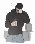  1boy absurdres black_hoodie blue_pants call_of_duty call_of_duty:_modern_warfare_2 cup ghost_(modern_warfare_2) highres holding holding_cup hood hood_down hoodie male_focus mask muscular muscular_male pants simple_background skull_mask solo white_background wormlonde 