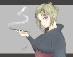  1girl black_kimono blonde_hair breasts commentary_request earrings folded_ponytail gintama highres holding holding_smoking_pipe japanese_clothes jewelry kimono kiseru large_breasts looking_at_viewer obi sash scar scar_on_cheek scar_on_face short_hair smoking_pipe toki_(dokitoki) tsukuyo_(gintama) upper_body violet_eyes 