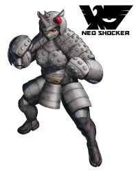 1girl absurdres armor belt belt_buckle black_belt black_boots black_hair boots buckle clenched_hands commentary eidenjyou1997 emblem english_commentary fake_horns fighting_stance full_body genderswap genderswap_(mtf) grey_armor helmet highres horned_helmet horns kamen_rider looking_at_viewer mask monster_girl mouth_mask neo_kamen_rider red_eyes rhinoceros_girl sai_dump shocker_(kamen_rider) simple_background solo standing white_background