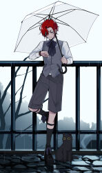  1boy against_railing black_cat black_socks cat checking_watch commentary english_commentary gigglepox grey_eyes grey_pants grey_vest hair_over_one_eye highres holding holding_umbrella holostars holostars_english machina_x_flayon male_focus neck_ribbon pants railing rain red_hair ribbon shorts smile socks standing standing_on_one_leg umbrella vest virtual_youtuber watch watch whiskers 