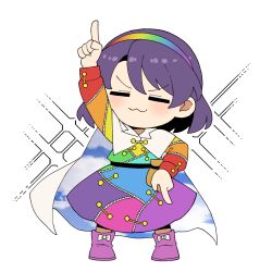  1girl :3 blush boots bow cape chibi chibi_only closed_eyes closed_mouth cloud_print commentary_request dress facing_viewer footwear_bow full_body hairband highres kapuri_(capuriwa) long_sleeves medium_hair multicolored_dress multicolored_hairband pink_boots pointing pointing_down pointing_up purple_hair rainbow_gradient rainbow_hairband sky_print solo sparkle tenkyuu_chimata tenkyuu_chimata_pose touhou two-sided_cape two-sided_fabric white_bow white_cape 