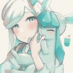  1boy :3 ^_^ absurdres blue_eyes blue_hair blue_necktie blush blush_stickers closed_eyes closed_mouth commentary expressionless glaceon grusha_(pokemon) hand_on_another&#039;s_face happy highres holding holding_pokemon long_hair looking_at_another male_focus mame_(pixiv_57985908) necktie off_shoulder open_mouth otoko_no_ko pokemon pokemon_(creature) pokemon_(game) pokemon_sv shirt sidelocks simple_background smile swept_bangs twintails upper_body white_shirt 