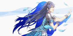  1girl absurdres blue_feathers blue_hair blue_jacket blue_wrist_cuffs bow commentary_request falling_feathers feathers floating_hair from_side hair_bow hairband highres idolmaster idolmaster_(classic) idolmaster_million_live! idolmaster_million_live!_theater_days jacket kisaragi_chihaya kisaragi_chihaya_(being_myself) long_hair nashiki_053 official_alternate_costume open_mouth plaid_clothes plaid_jacket profile short_sleeves solo standing wrist_cuffs yellow_eyes 