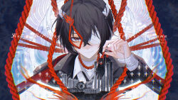  absurdres bandage_over_one_eye bandaged_arm bandaged_hand bandaged_head bandaged_neck bandages black_hair black_jacket black_necktie building bungou_stray_dogs character_name closed_mouth collared_shirt commentary crossed_bangs dated dazai_osamu_(bungou_stray_dogs) english_commentary ferris_wheel hair_between_eyes happy_birthday highres holding jacket long_sleeves looking_at_viewer manatsuakari mini_person miniboy multiple_views necktie red_rope rope rope_around_neck shirt upper_body white_shirt 