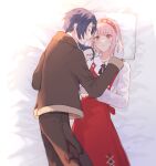  1boy 1girl alcryst_(fire_emblem) bed bed_sheet blue_hair closed_eyes couple dress fire_emblem fire_emblem_engage gloves hairband lapis_(fire_emblem) long_dress long_sleeves lying pillow pink_hair red_eyes ribbon shirt short_hair white_gloves wspread 