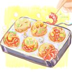  cococatng dated food food_focus original out_of_frame steam suction_cups takoyaki takoyaki_pan tentacles toothpick yellow_background 