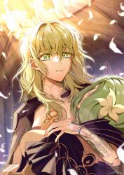  2girls a_(asan_a_aa) absurdres bracer breasts brooch commentary_request falling_petals female_byleth_(awakened)_(fire_emblem) female_byleth_(fire_emblem) fire_emblem fire_emblem:_three_houses flower green_eyes green_hair hair_between_eyes hair_flower hair_ornament highres jewelry korean_commentary looking_at_another medium_breasts medium_hair multiple_girls official_alternate_hair_color outdoors petals rhea_(fire_emblem) 